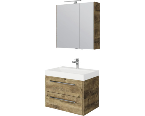 Badkamermeubelset bestaande uit een spiegelkast met verlichting, een witte wastafel en een wastafelonderkast in houtlook met twee laden.