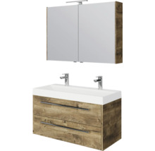 Badkamermeubelset met dubbel wastafelmeubel in eiken decor, twee laden, dubbele wastafel met kranen en LED-spiegelkast.
