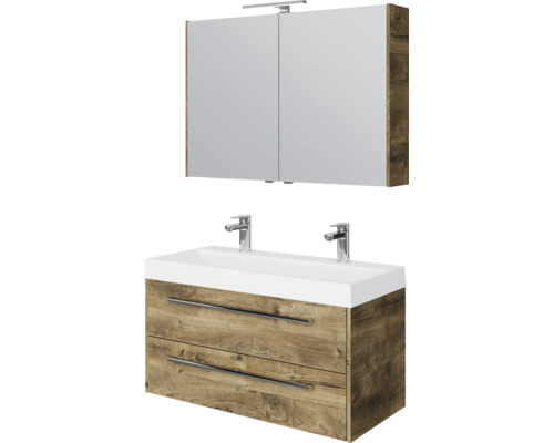 Badkamermeubelset met dubbel wastafelmeubel in eiken decor, twee laden, dubbele wastafel met kranen en LED-spiegelkast.