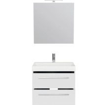 Moderne badkamermeubelset met een wit wastafelmeubel, twee lades, wastafel, kraan en spiegel met verlichting.