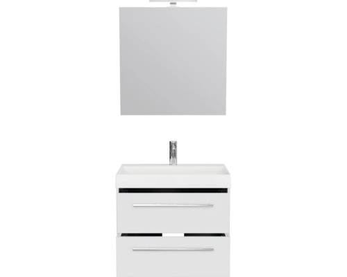 Moderne badkamermeubelset met een wit wastafelmeubel, twee lades, wastafel, kraan en spiegel met verlichting.