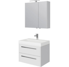 Moderne badkamermeubelset bestaande uit een wastafelonderkast met twee laden, wastafel, kraan en spiegelkast met ledverlichting.