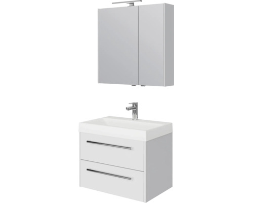 Moderne badkamermeubelset bestaande uit een wastafelonderkast met twee laden, wastafel, kraan en spiegelkast met ledverlichting.