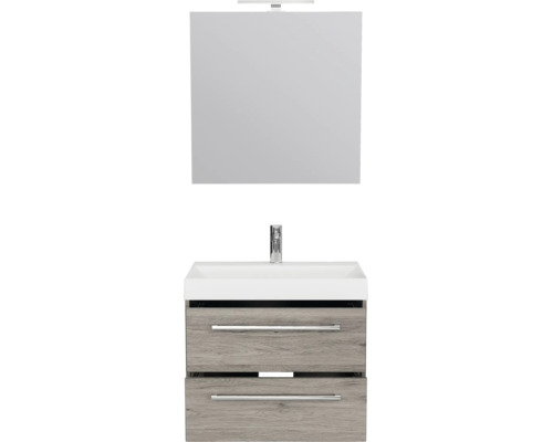 Badkamermeubelset met wastafelonderkast in houtlook, twee lades, witte wastafel, kraan en spiegel met verlichting.