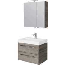 Badmeubelset met wastafelonderkast in eikenlook, witte keramische wastafel en spiegelkast inclusief verlichting.