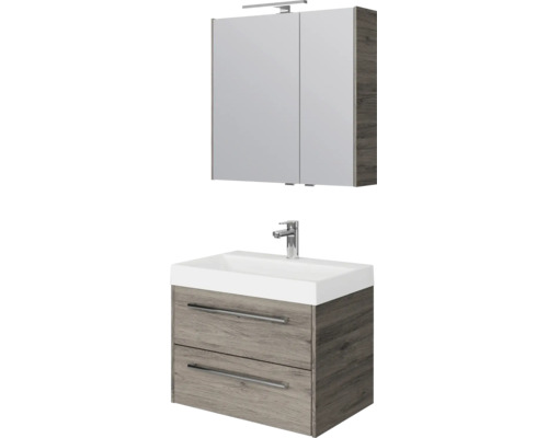 Badmeubelset met wastafelonderkast in eikenlook, witte keramische wastafel en spiegelkast inclusief verlichting.