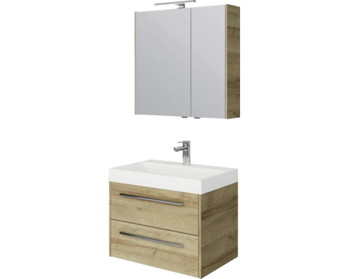 Badkamermeubelset bestaande uit een wastafelonderkast in houtlook met twee laden, witte wastafel, kraan en spiegelkast met verlichting.