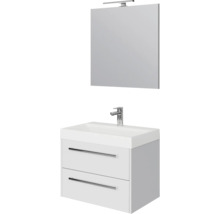 Badkamermeubelset met wastafelonderkast, twee laden, witte keramische wastafel, kraan, spiegel en ledlamp.