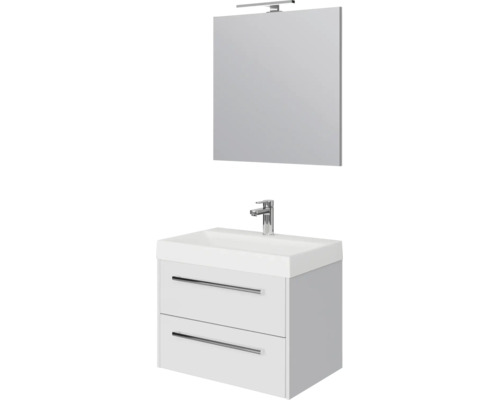 Badkamermeubelset met wastafelonderkast, twee laden, witte keramische wastafel, kraan, spiegel en ledlamp.