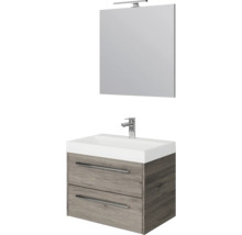 Badkamermeubelset bestaande uit een wastafel met onderkast in houtlook met twee laden, kraan en spiegel met opbouwverlichting.
