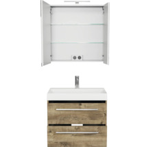Badkamermeubelset met open spiegelkast inclusief glazen planchetten en stopcontact, wastafel en wastafelonderkast in houtlook met twee laden.