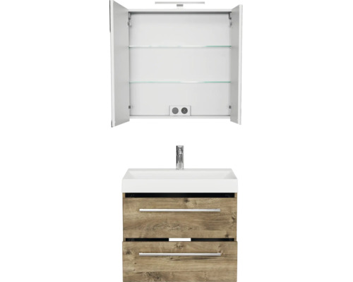 Badkamermeubelset met open spiegelkast inclusief glazen planchetten en stopcontact, wastafel en wastafelonderkast in houtlook met twee laden.