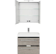 Badkamermeubelset met open spiegelkast, witte wastafel en onderkast in eikenlook met twee laden.