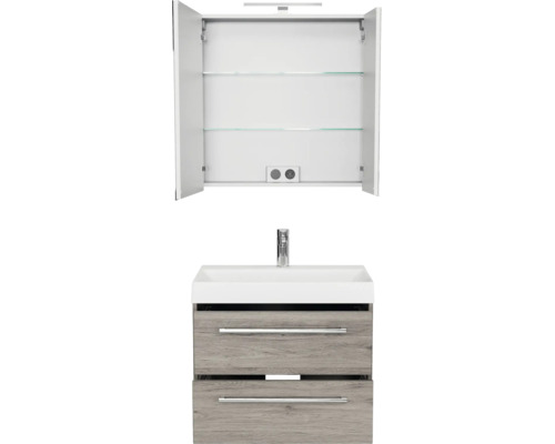 Badkamermeubelset met open spiegelkast, witte wastafel en onderkast in eikenlook met twee laden.