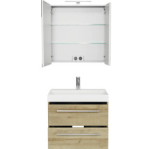 Badkamermeubelset: open spiegelkast met glazen planken en verlichting plus wastafelmeubel met twee laden in eikenlook.