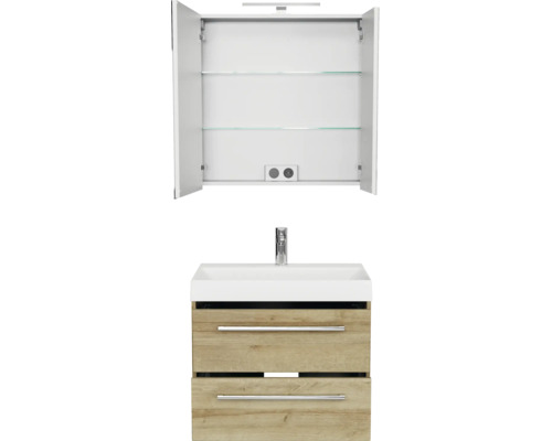 Badkamermeubelset: open spiegelkast met glazen planken en verlichting plus wastafelmeubel met twee laden in eikenlook.