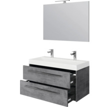 Badkamermeubelset met dubbele wastafel, onderkast met twee laden in betonlook en een spiegel met verlichting.