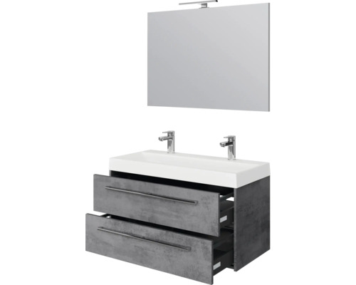 Badkamermeubelset met dubbele wastafel, onderkast met twee laden in betonlook en een spiegel met verlichting.
