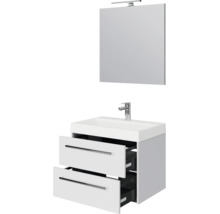 Badkamermeubelset bestaande uit een witte wastafelonderkast met twee laden, een opzetwastafel, een kraan en een spiegel met ledverlichting.