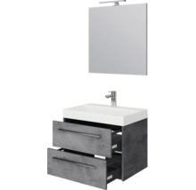Badkamermeubelset met grijze onderkast in betonlook, twee laden, witte wastafel, spiegel en LED-opbouwlamp.