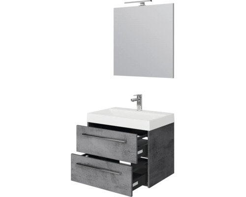 Badkamermeubelset met grijze onderkast in betonlook, twee laden, witte wastafel, spiegel en LED-opbouwlamp.