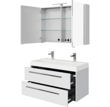 Moderne badkamermeubelset met spiegelkast inclusief verlichting en stopcontacten, wastafelonderkast met twee lades en dubbele wastafel.