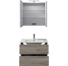 Badkamermeubelset met spiegelkast, witte wastafel met kraan en wastafelonderkast met twee laden in houtlook.