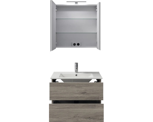 Badkamermeubelset met spiegelkast, witte wastafel met kraan en wastafelonderkast met twee laden in houtlook.