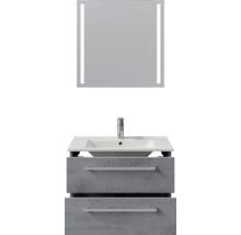 Moderne badkamermeubelset met witte wastafel, grijze onderkast met betonlook en twee laden, en een verlichte spiegel met ledstrips.