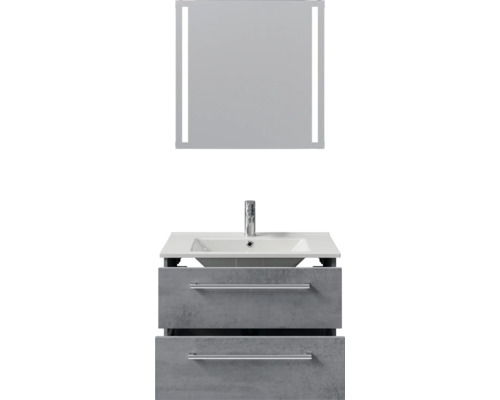Moderne badkamermeubelset met witte wastafel, grijze onderkast met betonlook en twee laden, en een verlichte spiegel met ledstrips.