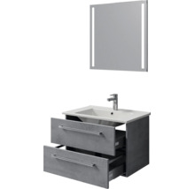 Badmeubelset met grijze wastafelonderkast met twee laden, witte wastafel, kraan en spiegel met ledverlichting.