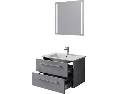 Badmeubelset met grijze wastafelonderkast met twee laden, witte wastafel, kraan en spiegel met ledverlichting.