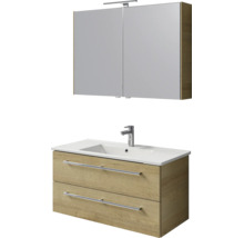 Badmeubelset bestaande uit een wastafelonderkast in houtlook met twee lades en een spiegelkast met ledverlichting.