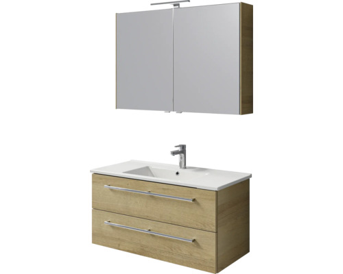 Badmeubelset bestaande uit een wastafelonderkast in houtlook met twee lades en een spiegelkast met ledverlichting.