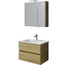 Badkamermeubelset: hangende onderkast in eikenlook met twee laden, witte wastafel en spiegelkast met verlichting.