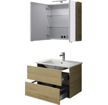 Badkamermeubelset met spiegelkast inclusief verlichting en stopcontact en wastafel met onderkast en twee laden in houtlook.