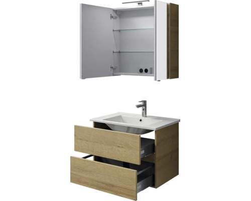Badkamermeubelset met spiegelkast inclusief verlichting en stopcontact en wastafel met onderkast en twee laden in houtlook.