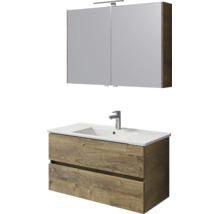 Badkamermeubelset bestaande uit een wastafelonderkast in houtlook met twee laden, witte wastafel met kraan en spiegelkast met verlichting.