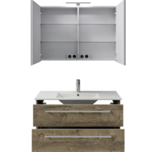 Badkamermeubelset met open spiegelkast met verlichting, witte wastafel met kraan en onderkast in houtlook met twee laden.