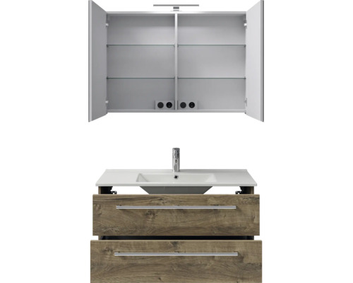 Badkamermeubelset met open spiegelkast met verlichting, witte wastafel met kraan en onderkast in houtlook met twee laden.