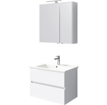 Badkamermeubelset met wastafelonderkast met twee laden, wastafel met kraan en spiegelkast met verlichting.
