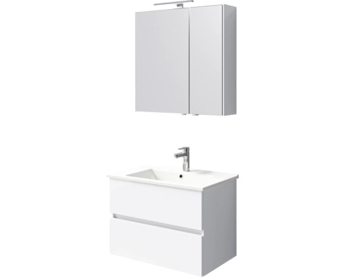 Badkamermeubelset met wastafelonderkast met twee laden, wastafel met kraan en spiegelkast met verlichting.