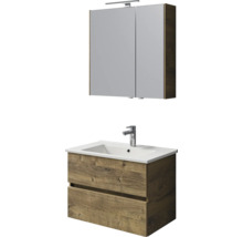 Badkamermeubelset: wastafelonderkast in houtlook met twee laden, wastafel met kraan en spiegelkast.