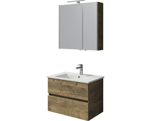 Badkamermeubelset: wastafelonderkast in houtlook met twee laden, wastafel met kraan en spiegelkast.