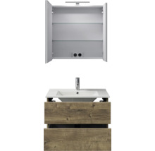 Spiegelkast met verlichting en glazen planken, wastafel met kraan en wastafelonderkast met twee laden in houtlook.