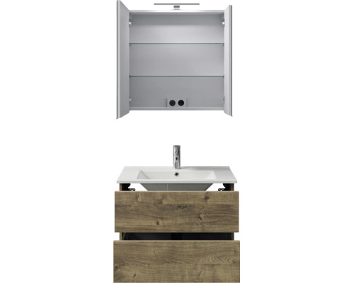 Spiegelkast met verlichting en glazen planken, wastafel met kraan en wastafelonderkast met twee laden in houtlook.