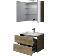 Badkamermeubelset met open spiegelkast inclusief verlichting en wastafelonderkast met twee lades in houtlook.