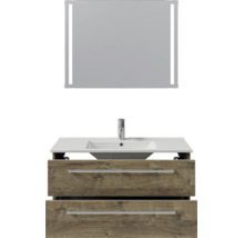 Badkamermeubelset met spiegel inclusief verlichting, wastafel met kraan en onderkast in houtlook met twee laden.