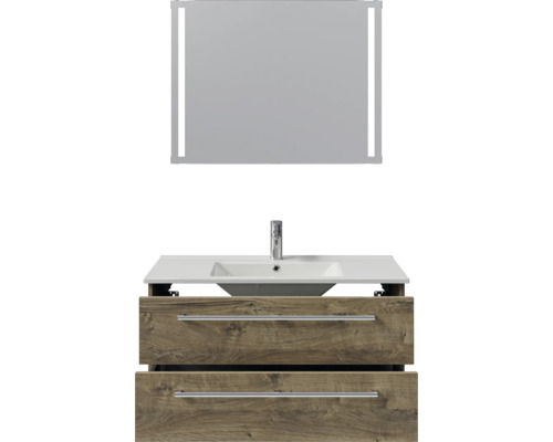 Badkamermeubelset met spiegel inclusief verlichting, wastafel met kraan en onderkast in houtlook met twee laden.