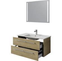 Badkamermeubelset met wastafelonderkast in houtlook met twee lades, witte wastafel en LED-lichtspiegel.